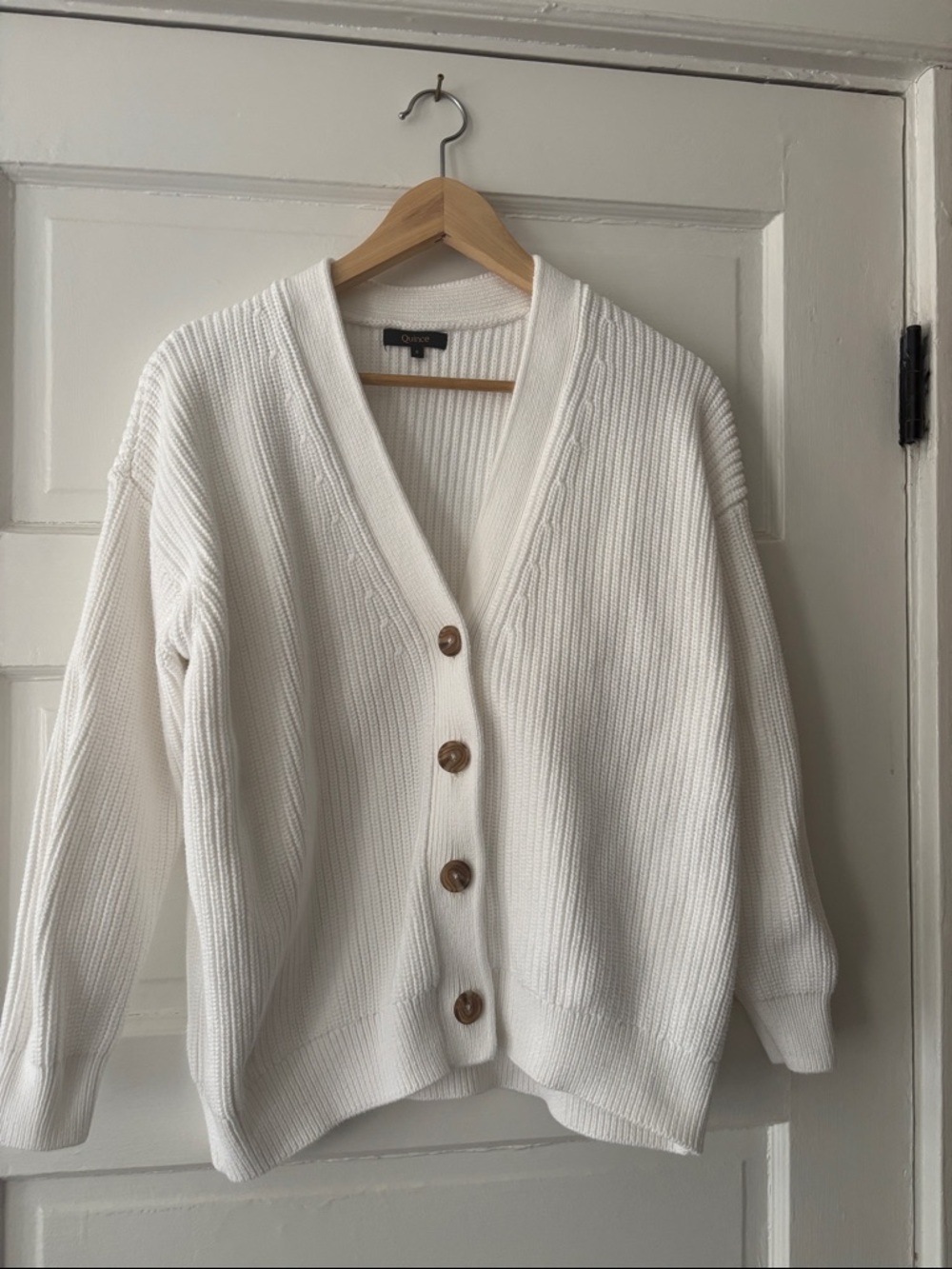 Quince white Ribbed V-Neck Button Cardigan